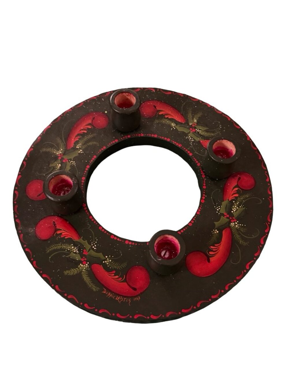 1983 Debbie Leister Hand Painted Wood Advent Candle Ring Folk Art Christmas 11 I